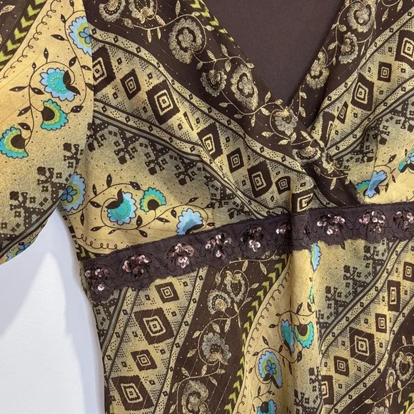 Brown Boho Y2K V-Neck Bell Sleeve Blouse M - Picture 5 of 14